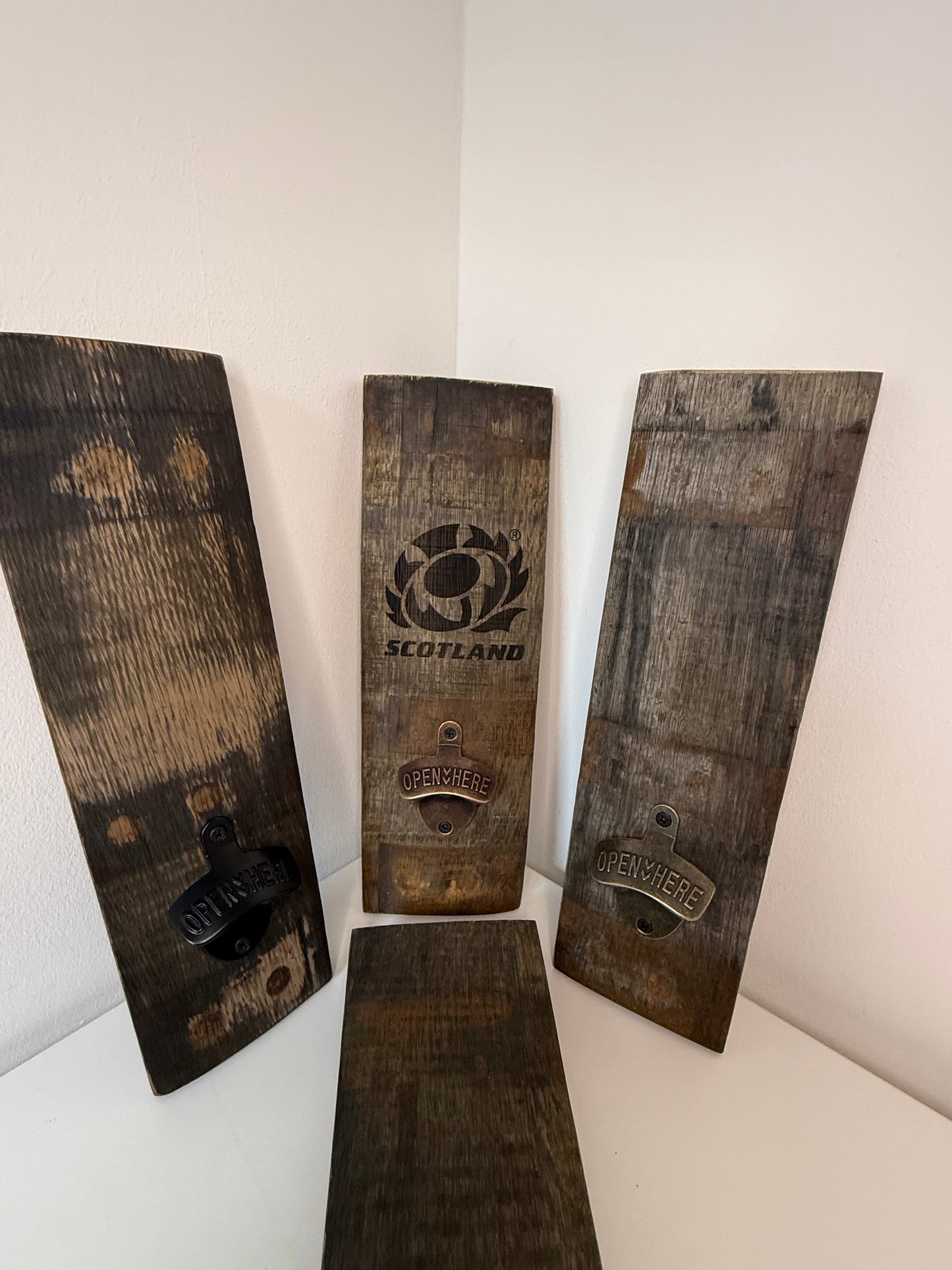 Wall Mounted Bottle Opener made from Whisky Barrel Staves