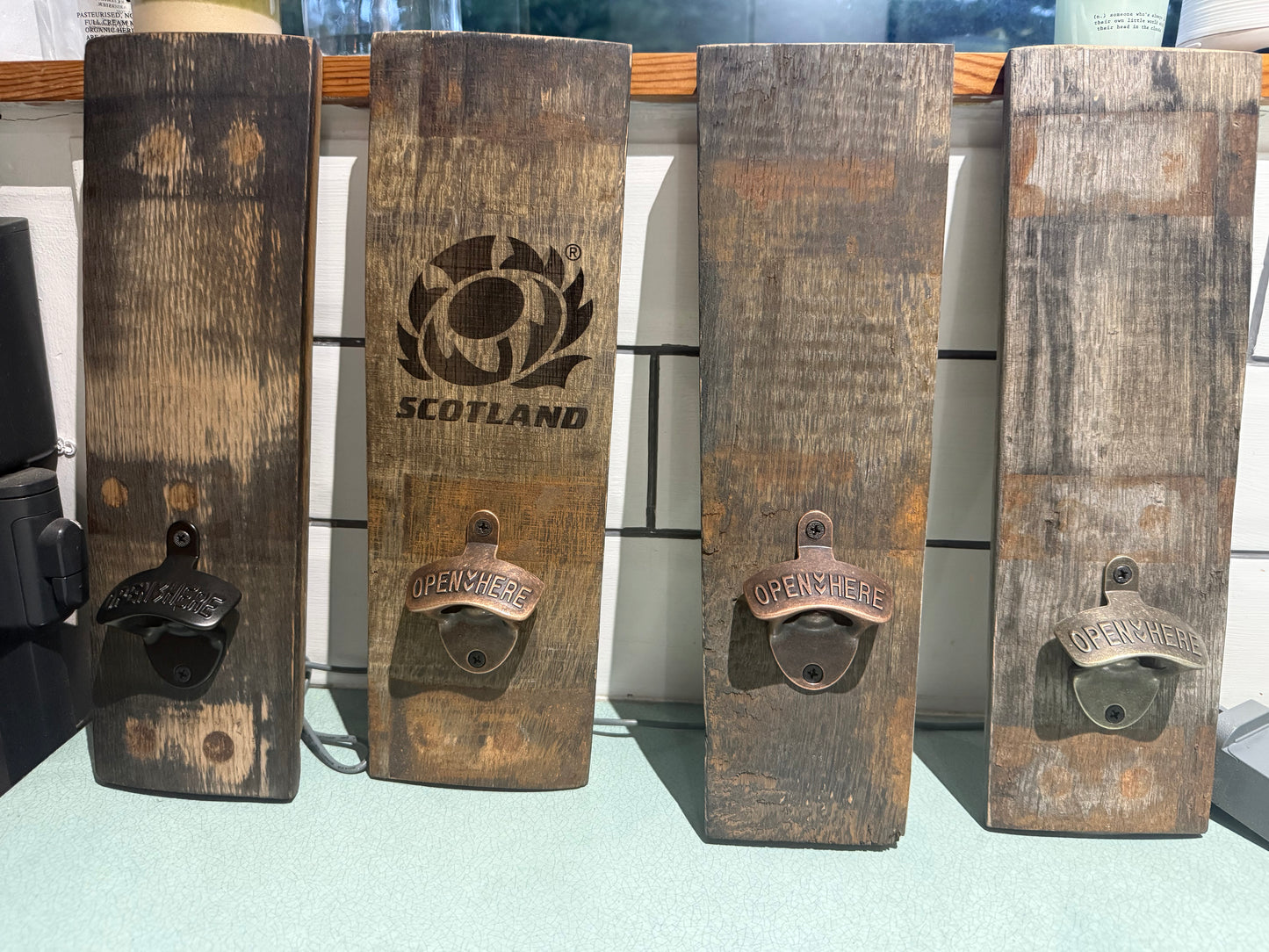 Wall Mounted Bottle Opener made from Whisky Barrel Staves
