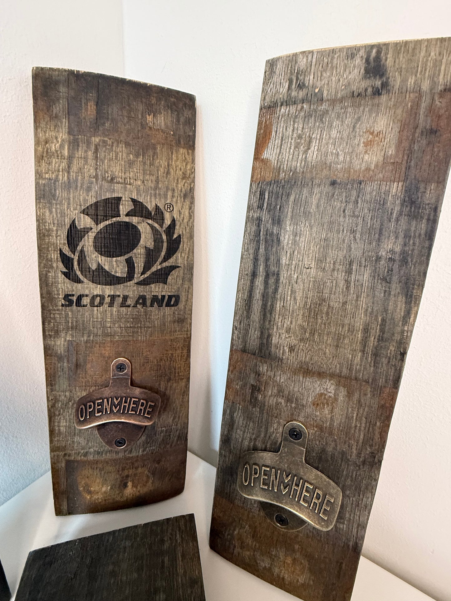Wall Mounted Bottle Opener made from Whisky Barrel Staves