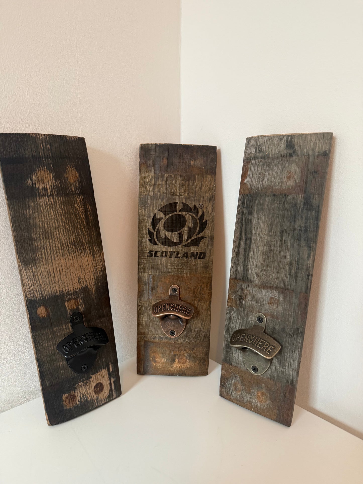Wall Mounted Bottle Opener made from Whisky Barrel Staves